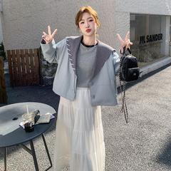 实拍蓝色设计感拼接针织海军领PU皮外套女2025春秋新款小个子上衣