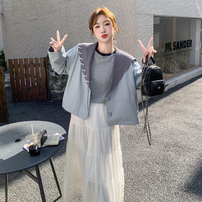 实拍蓝色设计感拼接针织海军领PU皮外套女2025春秋新款小个子上衣|undefined