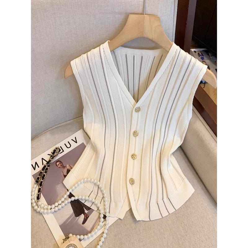 French Contrast Stripesd V Neck Knitted Vest Women's Summer New High-End Waistcoat Sleeveless Top A4531