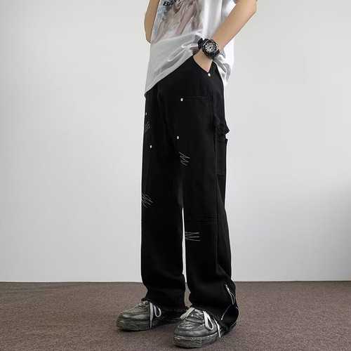 Men's Vibe American Heavyweight Black Straight Leg Pants Spring Streetwear Brand Slim High Street Versatile Casual Pants