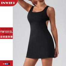 跨境新款跑步连体衣健身瑜伽网球裙露背防走光打底速干运动连衣裙