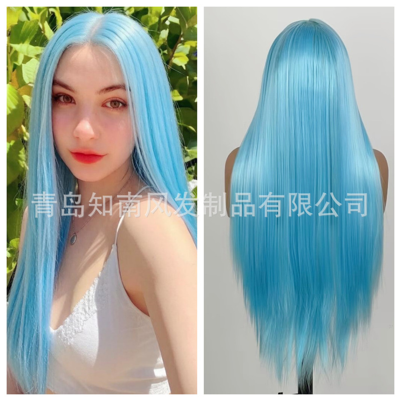 Ebay Foreign Trade Wig Sky Blue Middle-Parted Long Straight Hair Front Lace Hand-Tied Matte High-Temperature Fiber Anime Cosplay Wig