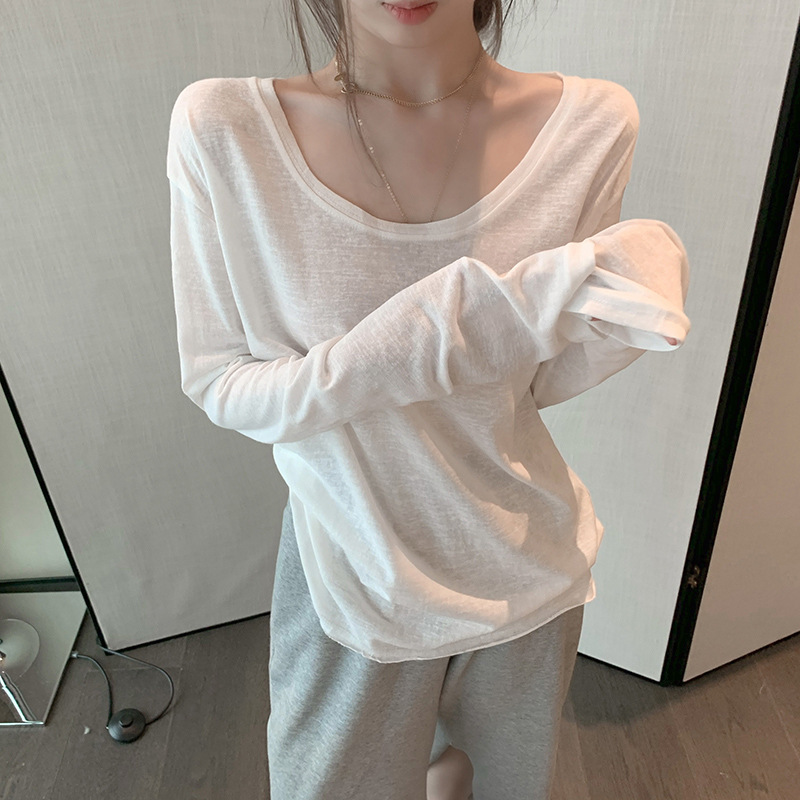 Áo phông dài tay cotton trắng áo mặc trong phối trong rộng rãi phong cách Hàn Quốc mẫu mới mùa xuân thu 2024 cho nữ