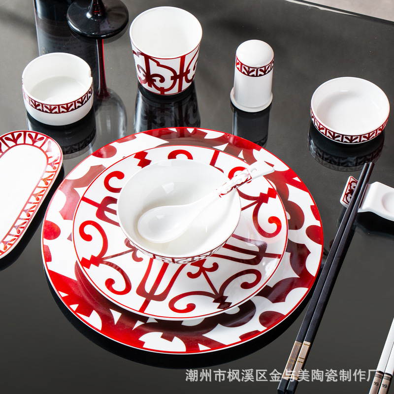 Bone China High-End Five-Star Hotel Tableware Set Chinese Restaurant Lobby Club Box Accessible Luxury Chinese Red