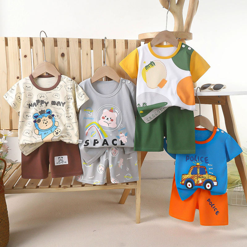 Children's Short-Sleeved Shorts Set Summer Pure Cotton Boys Cartoon Thin New Style Girls T-Shirt Summer Clothing Baby Kidsren's Clothing