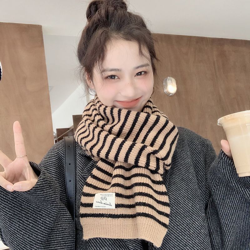 圍巾 女2022冬季新潮韓版甜美百搭條紋保暖毛線針織學生圍脖ins