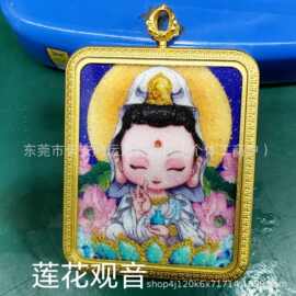 新款手工宝石画唐卡扎基拉姆黄财神复古单面钛钢唐卡吊坠海边项链