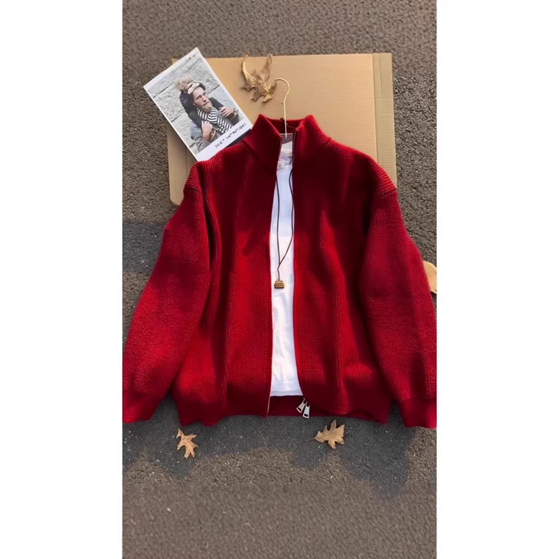 【Arctic Velvet】Red Sweater with a Festive Vibe for the Year of Birth, Men's Thickened Knitted Cardigan with a Stand Collar for the New Year 【Arctic Velvet】Red Sweater with a Festive Vibe for the Year of Birth, Men's Thickened Knitted Cardigan with a Stand Collar for the New Year
