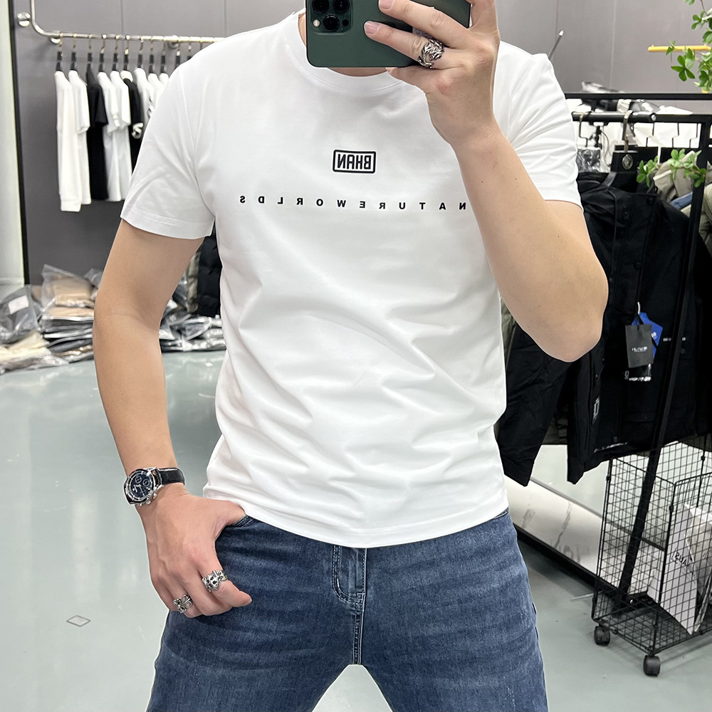 Summer men's round neck mercerized cotton short-sleeved T-shirt slim-fit round neck printed letter base shirt new top slim-fit