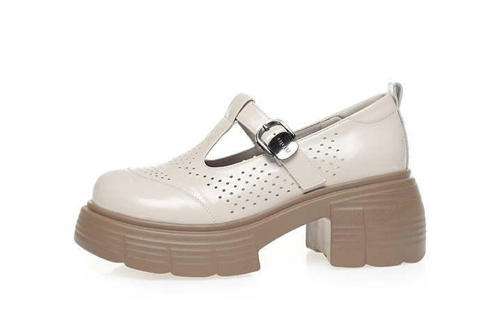 Sandal cao gót đế dày nữ hở mũi, thoáng khí mùa hè, da thật — Màu be chi tiết 26