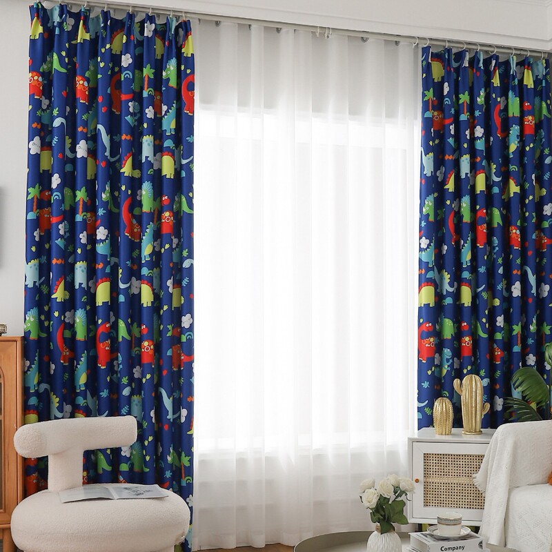 Cross-Border High-Precision Full Blackout Printed Blackout Curtains, Dinosaur Cartoon Blue Children's Room Partition Curtain