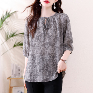 2025 New Summer Tops for Women, Fat mm Printed Chiffon Niche Chic Casual T-Shirts, Elegant Mid-Sleeve Shirts