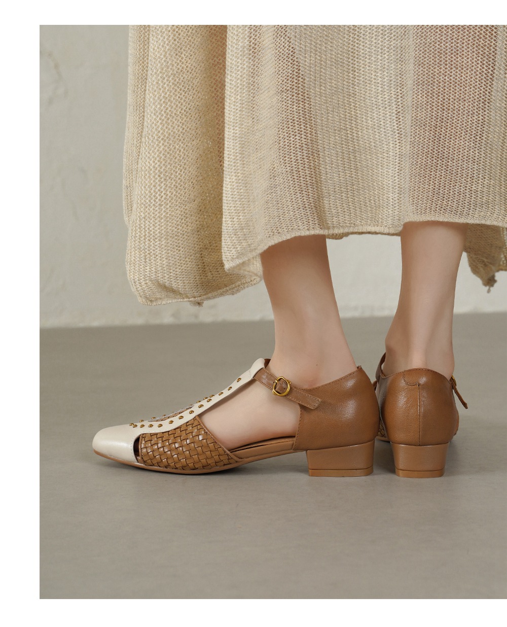 Sandal nữ mũi nhọn gót thấp da bò đinh tán phong cách La Mã — đen chi tiết 7