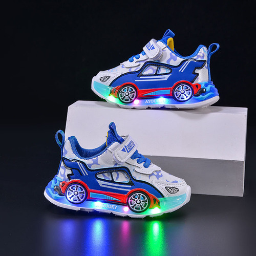 Boys' 2025 Spring and Autumn Cartoon Character Leather Surface LED Light-up Sneakers for Boys, Size 6-12