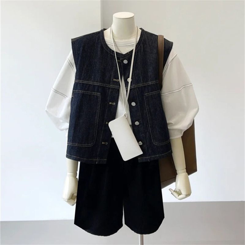 Hong Kong Style Retro Layered Outerwear Slimming Denim Vest for Women Spring and Summer New High-End Fashion Sleeveless Waistoutwear Jacket