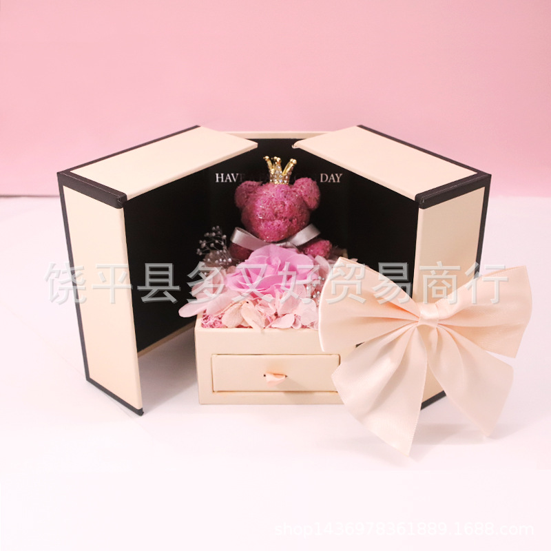 Caja de regalo de collar creativo rosa doble puerta oso rosa flor inmortal caja de regalo regalo del día de San Valentín proporcionado transfronterizo