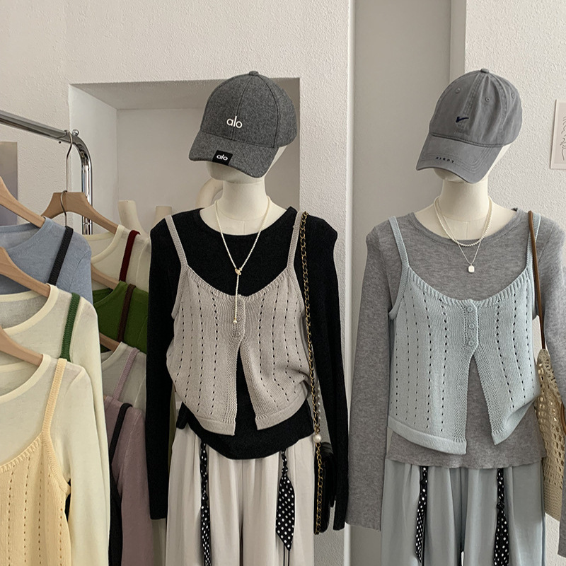 Omalai Cut-Out Front Buttoned Knitted Vest + Versatile Round Neck Solid Color Long-Sleeved Knitted Sweater Two-Piece Set for Women 6669 Omalai Cut-Out Front Buttoned Knitted Vest + Versatile Round Neck Solid Color Long-Sleeved Knitted Sweater Two-Piece Set for Women 6669