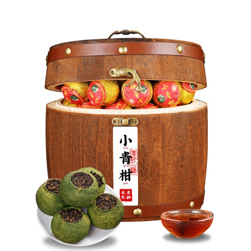 Tangqian Xinhui Small Green Tangerine Pu'Er Tea Ripe Tea with Dried Tangerine Peel 500g Wooden Box Dried Tangerine Pu'Er