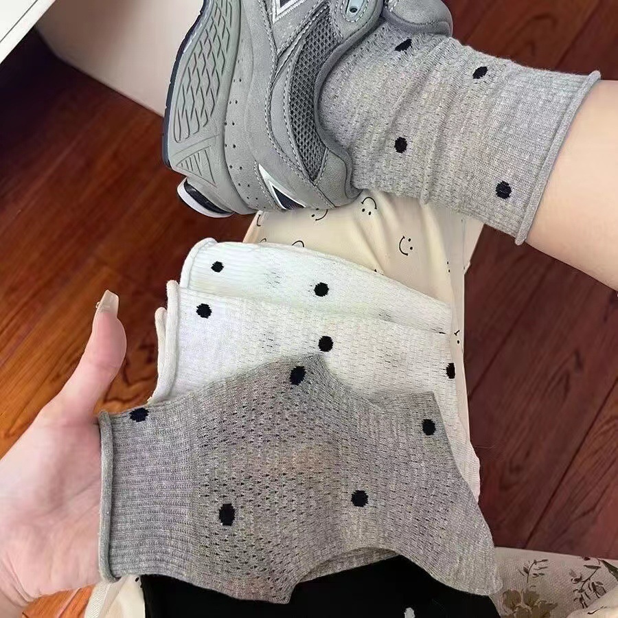 Summer thin mid-tube socks for women simple solid color polka dot…