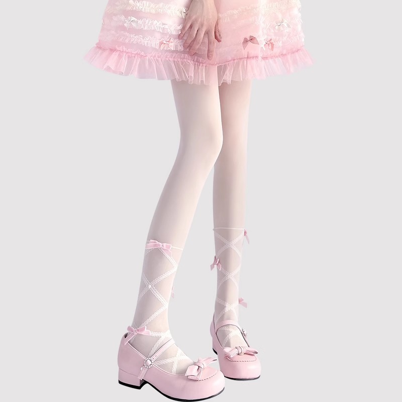 Lolita bow white silk stockings women's summer thin anti-hook silk lolita pure pearl black silk pantyhose