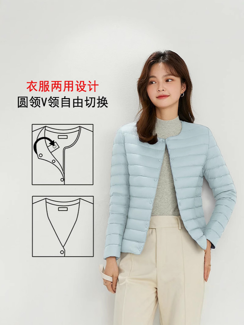 Nuevo chaqueta de plumón ligera para mujeres de invierno y otoño, chaqueta de cuello redondo de cuello en V, doble chaqueta corta grande y delgada
