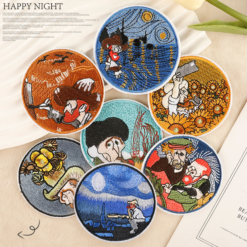 世界名画布贴圆形油画人物刺绣贴大号补丁贴时尚羽绒服牛仔裤装饰