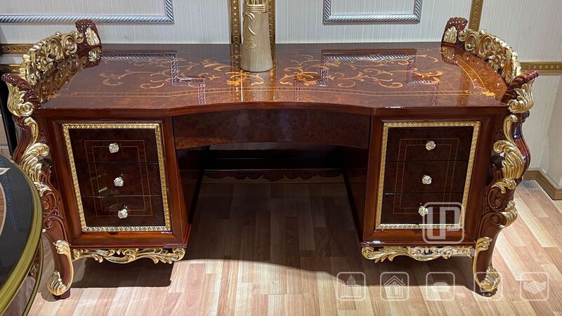 European Solid Wood Hand-Carved Desk Italian Palace Veneer Parquet Retro Villa Table with Multiple Drawers
