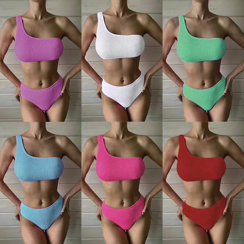 Traje de Baño de Estilo Europeo y Americano Nuevo para Mujer 2024, Bikini de Color Sólido con Estampado de Serpiente, Bikini Sexy de Un Hombro y Cintura Alta al por Mayor