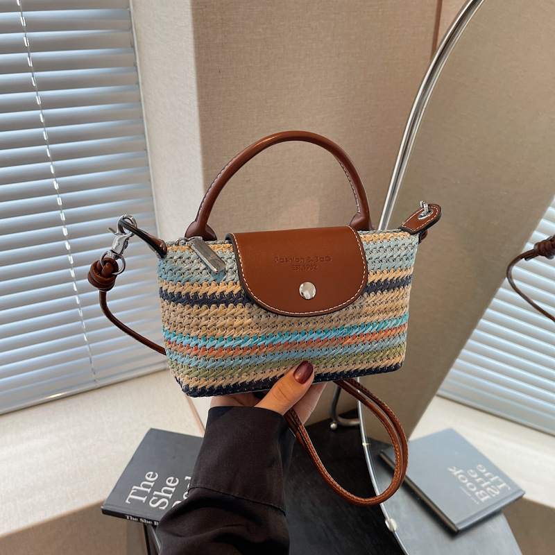 Sommerliche Regenbogen-Strohtasche für Damen, leicht und schlicht, einzigartiges Design, Handtasche und Umhängetasche im koreanischen Stil_voghion.com