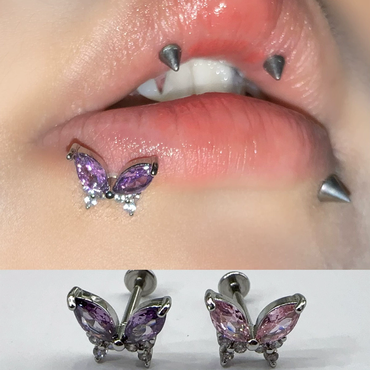 Diamond marquise zircon butterfly inner tooth lip nail ear bone nail hot girl sweet and cool piercing jewelry pure lust style cute ins