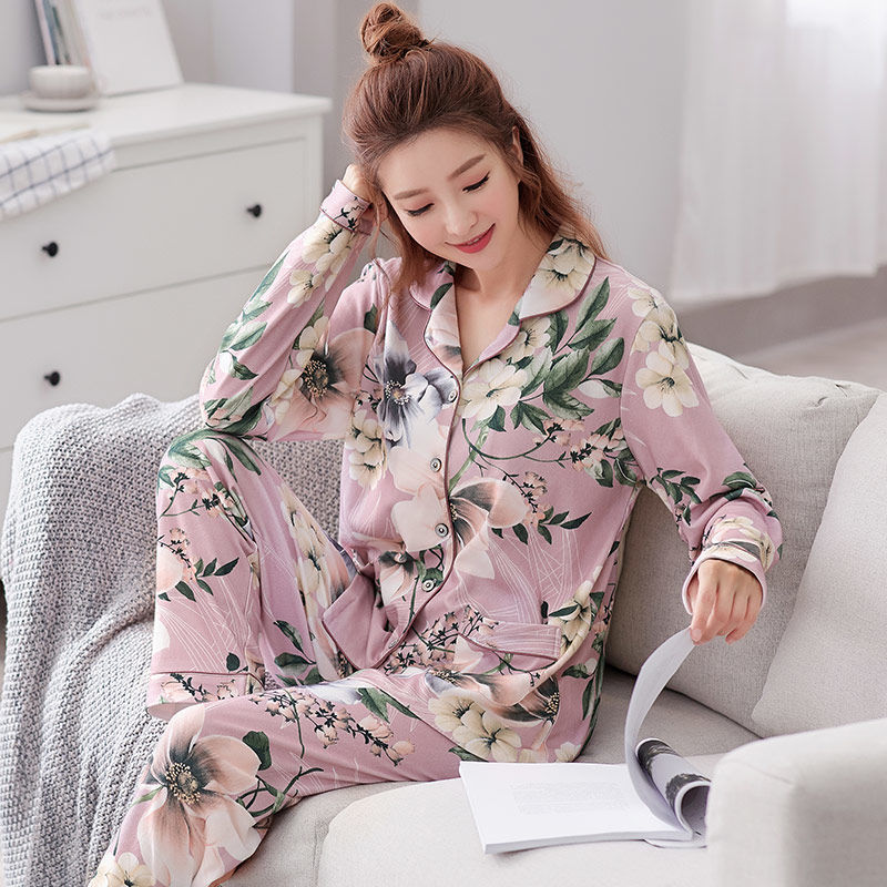 100% pijamas de algodón para mujer primavera y otoño manga larga suelta más tamaño de mediana edad y ancianos Otoño e Invierno traje homewear
