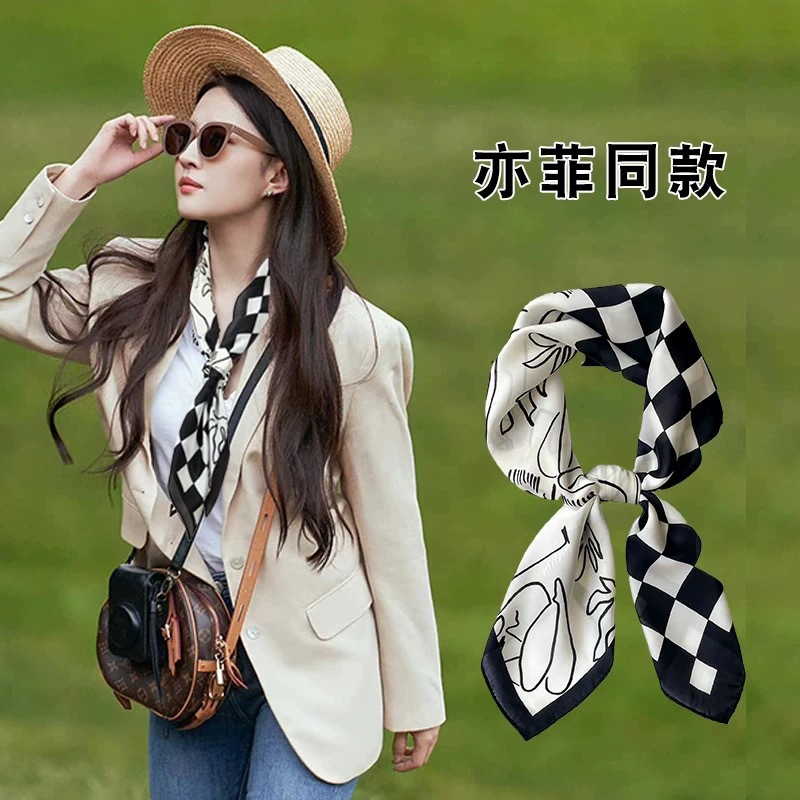 Primavera pequeña bufandas de seda ~ primavera y verano fresca sensación de reducción de la edad de las niñas coreanas pequeñas bufandas de seda de lujo ligero mujeres versátiles