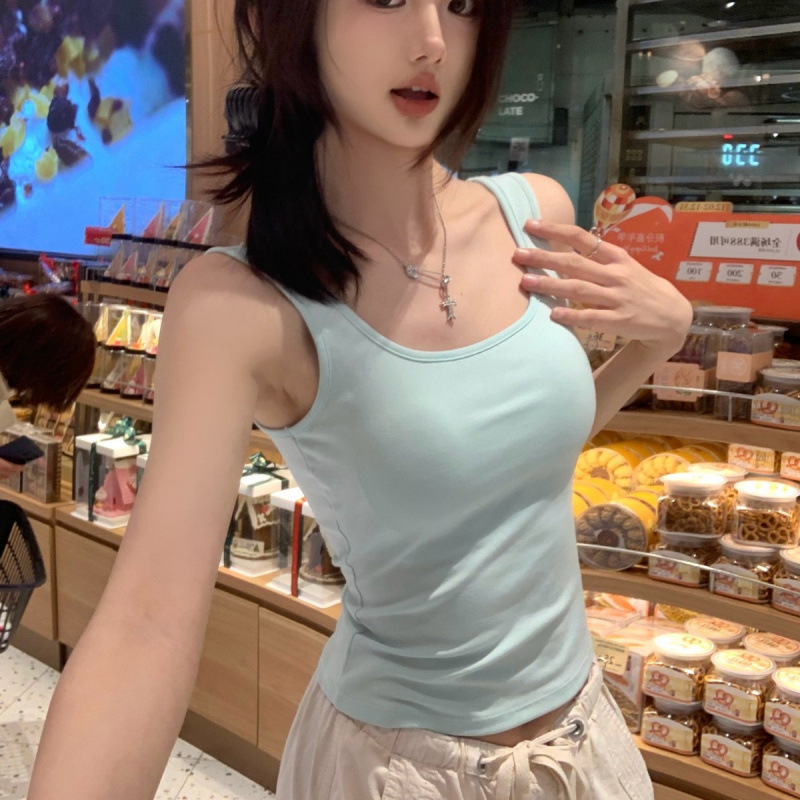 Women's Vest with Chest Pad Wide Shoulder Strap Dopamine Long Beautiful Back Fixed Cup Girl's Sense Spring and Summer Outer Wear All-match Base Women's Vest with Chest Pad Wide Shoulder Strap Dopamine Long Beautiful Back Fixed Cup Girl's Sense Spring and Summer Outer Wear All-match Base