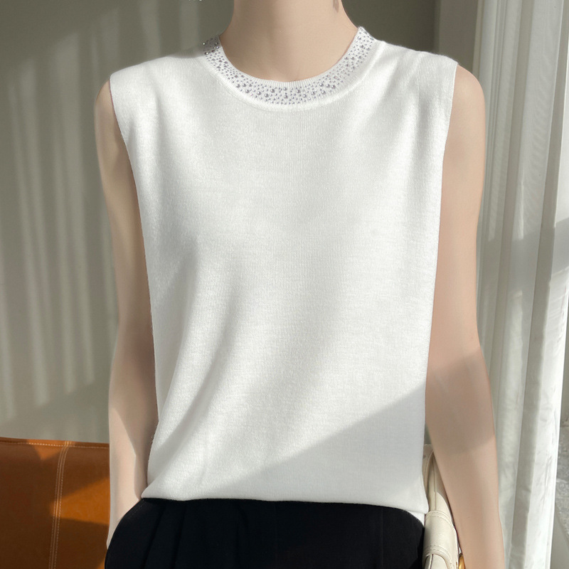 Spring and Summer New Round Neck Diamond-encrusted Vest Women's Sleeveless Top Suit Fashionable All-match Sling Knitted Base Shirt Spring and Summer New Round Neck Diamond-encrusted Vest Women's Sleeveless Top Suit Fashionable All-match Sling Knitted Base Shirt