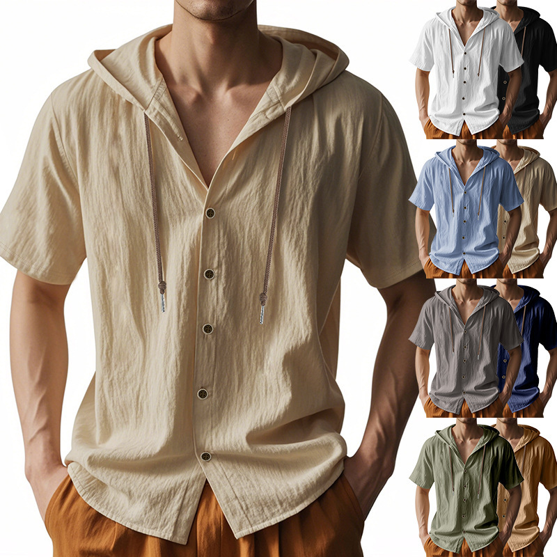 Cross-border Men's Solid Color Casual Short-sleeved Shirt Hooded Drawstring Cotton Linen Cardigan Trendy All-match Loose All-match T-shirt
