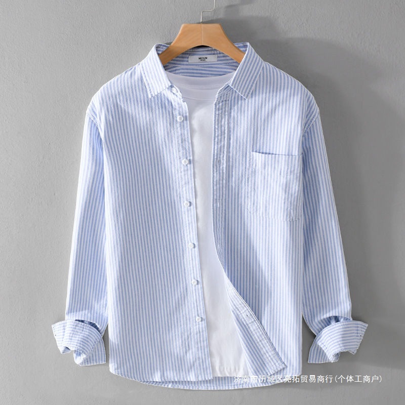 Summer Men's Oxford Striped Long-Sleeve Shirt Trendy Casual Loose Versatile Fresh Simple Men's Shirt Jacket Wear