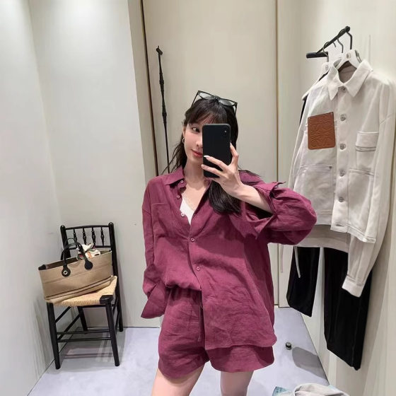 Summer 2025 Korean version of loose fashion linen casual suit women's lapel sunscreen shirt elastic waist shorts 2501