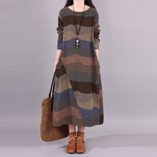 2025 Spring and Autumn New Literary Style Round Neck Long Sleeve Casual Loose Plus Size Women's Slim Cotton and Linen Dress