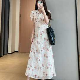 WTHEONE法式温柔海棠碎花V领茶歇裙中长款短袖连衣裙女20批发代发
