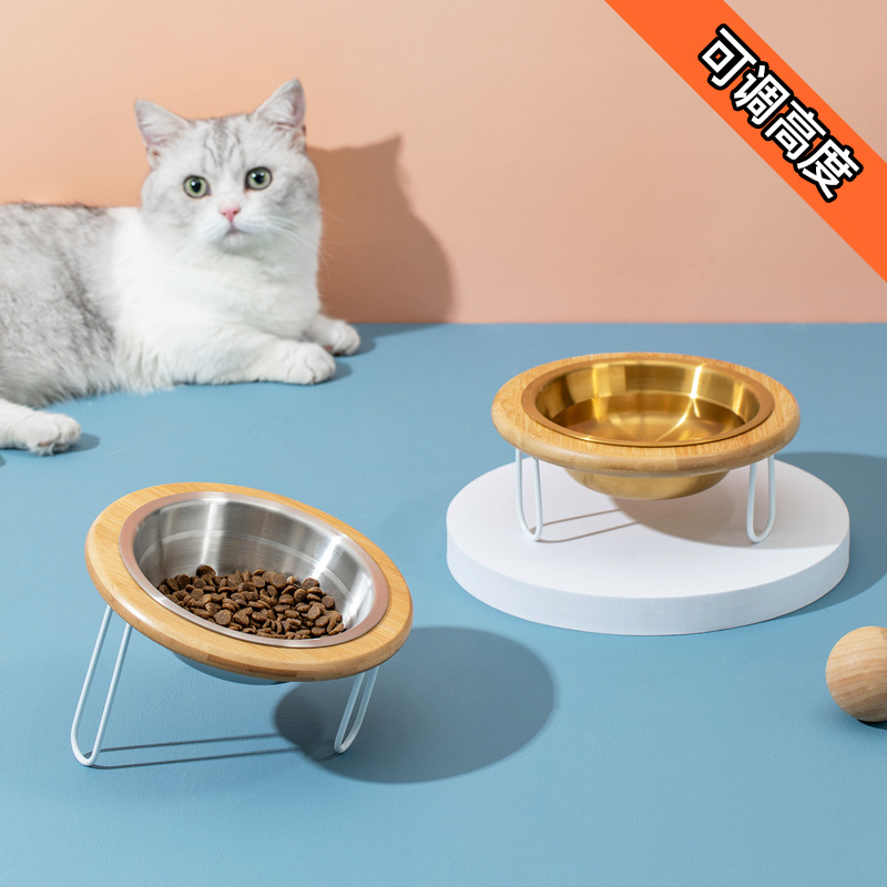 Tazón de acero inoxidable gato alta protección de la pierna columna cervical gato tazón de comida gato perro gato cuenca bebedero mascota tazón de cerámica bambú estante de madera