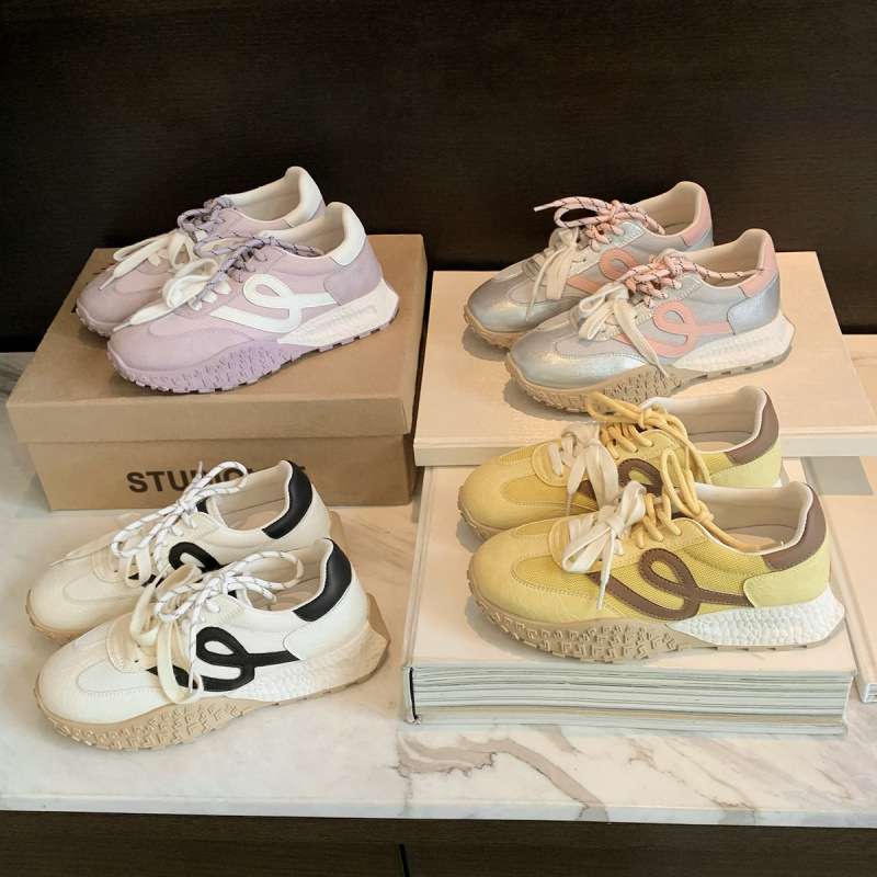 Cowhide Leather Grape-Colored Thick-Soled Height-Increasing Casual Sneakers for Women, Versatile Color-Blocking Lace-Up Mesh German Training Shoes