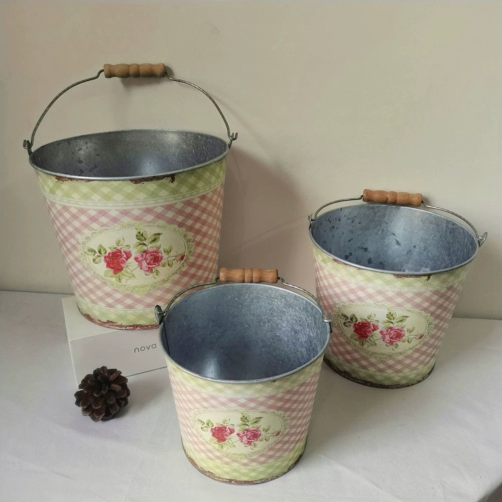 Многоразмерная наклейка в европейском стиле в стиле ретро с ручкой, жестяное ведро, цветочный горшок, поделки для украшения дома
