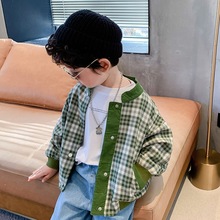 男宝宝洋气绿格子棒球服新款2021春季薄款男童长袖夹克外套上衣潮