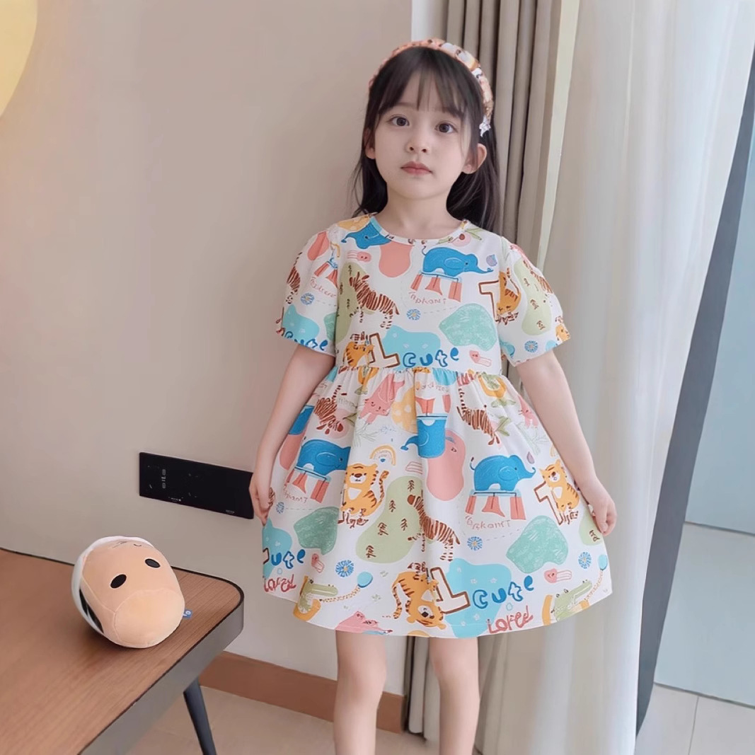 棉绸女童公主裙连衣裙夏季碎花儿童沙滩裙2025泡泡袖儿童公主裙