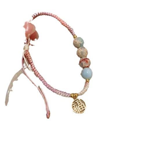 New Chinese-style imitation Shoushan stone bead bracelet for girls, vintage bamboo knot bracelet for female friends, colorful handmade woven jewelry