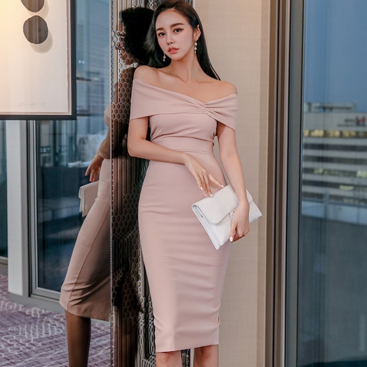 跨境连衣裙女2021韩版新款修身显瘦宴会一字领露肩时尚气质礼服裙