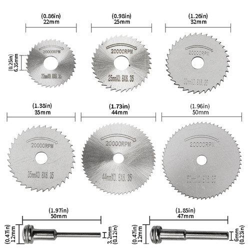 High-speed steel cutting blade, electric grinder accessories, 7-piece set of wood, plastic, copper, aluminum, soft metal small saw blade, 6mm rod