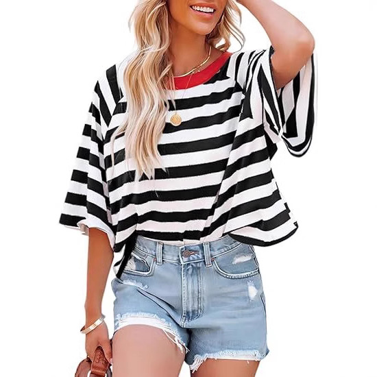 Verano nuevo 2025 transfronterizo Europa y América Amazon rayas de manga corta camiseta de cuello redondo casual suelta camiseta de mujer