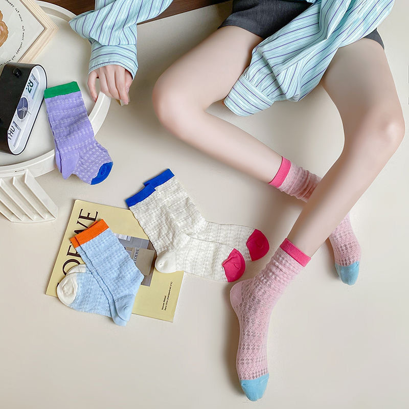 Summer Women's Thin Color-Blocked Slouch Socks, Hollow Mesh Long Socks, Sweat-Absorbing Cotton Socks, Japanese-Style Mid-Calf Socks for Women Summer Women's Thin Color-Blocked Slouch Socks, Hollow Mesh Long Socks, Sweat-Absorbing Cotton Socks, Japanese-Style Mid-Calf Socks for Women