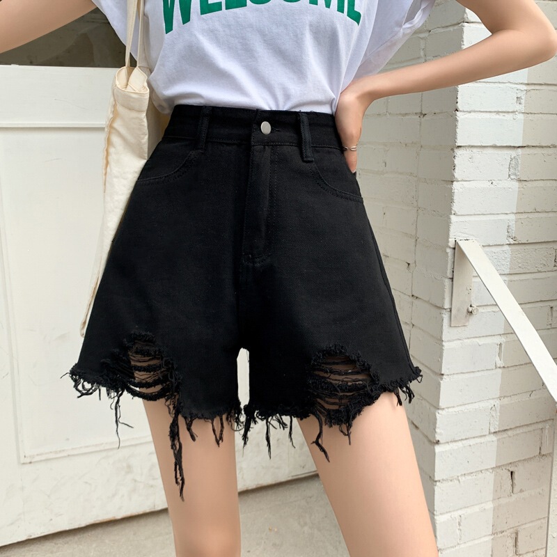 Women's Frayed Denim Shorts, Ins-Style, Summer High-Waisted Black Long-Leg Versatile Wide-Leg Loose Ripped A-Line Hot Pants Women's Frayed Denim Shorts, Ins-Style, Summer High-Waisted Black Long-Leg Versatile Wide-Leg Loose Ripped A-Line Hot Pants